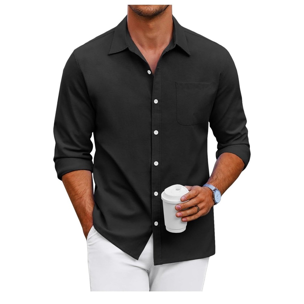 COOFANDY Mens Black Linen Blend Long Sleeve Button Down Shirt Size S NWT